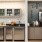 a kitchen with a black countertop
