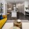 a living room with a yellow couch